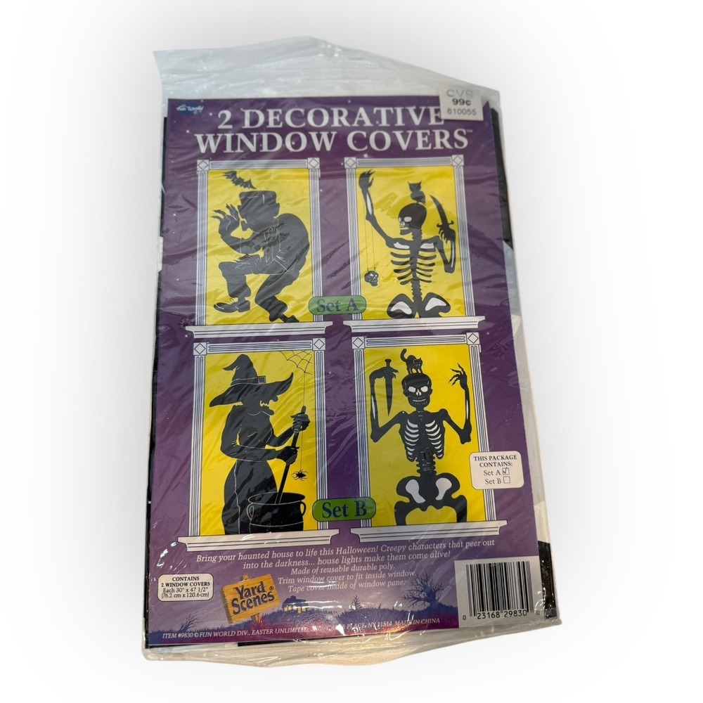 Fun World Halloween Window Cover Set of 2 Skeleton Frankenstein NOS 1990s VTG